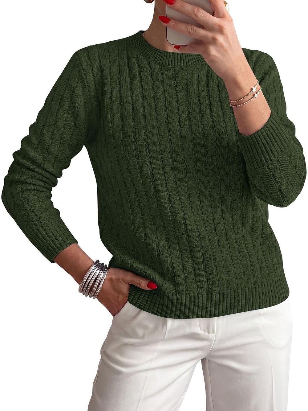 🆕 Women's Army Green Long Sleeve Crewneck Cable Knit Cozy Warm Pullover Sweater